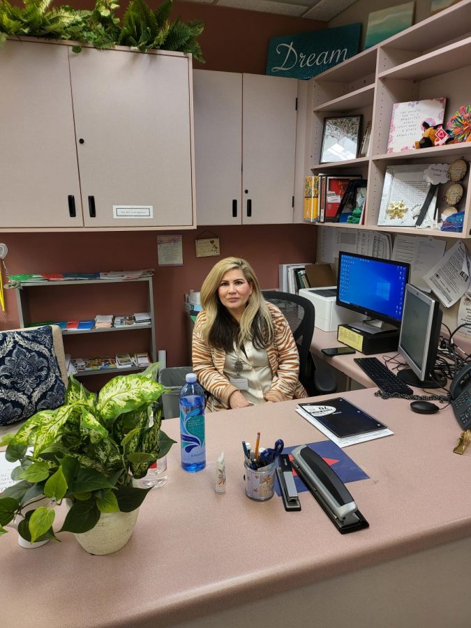 Elena Labastida, La Quinta Highs mental health therapist at her desk in room 415.